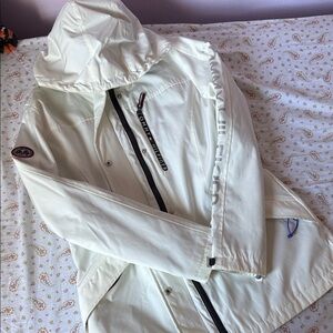 Tommy Hilfiger Off-White Hooded Rain Shell with Black Zipper Accents ski jacket